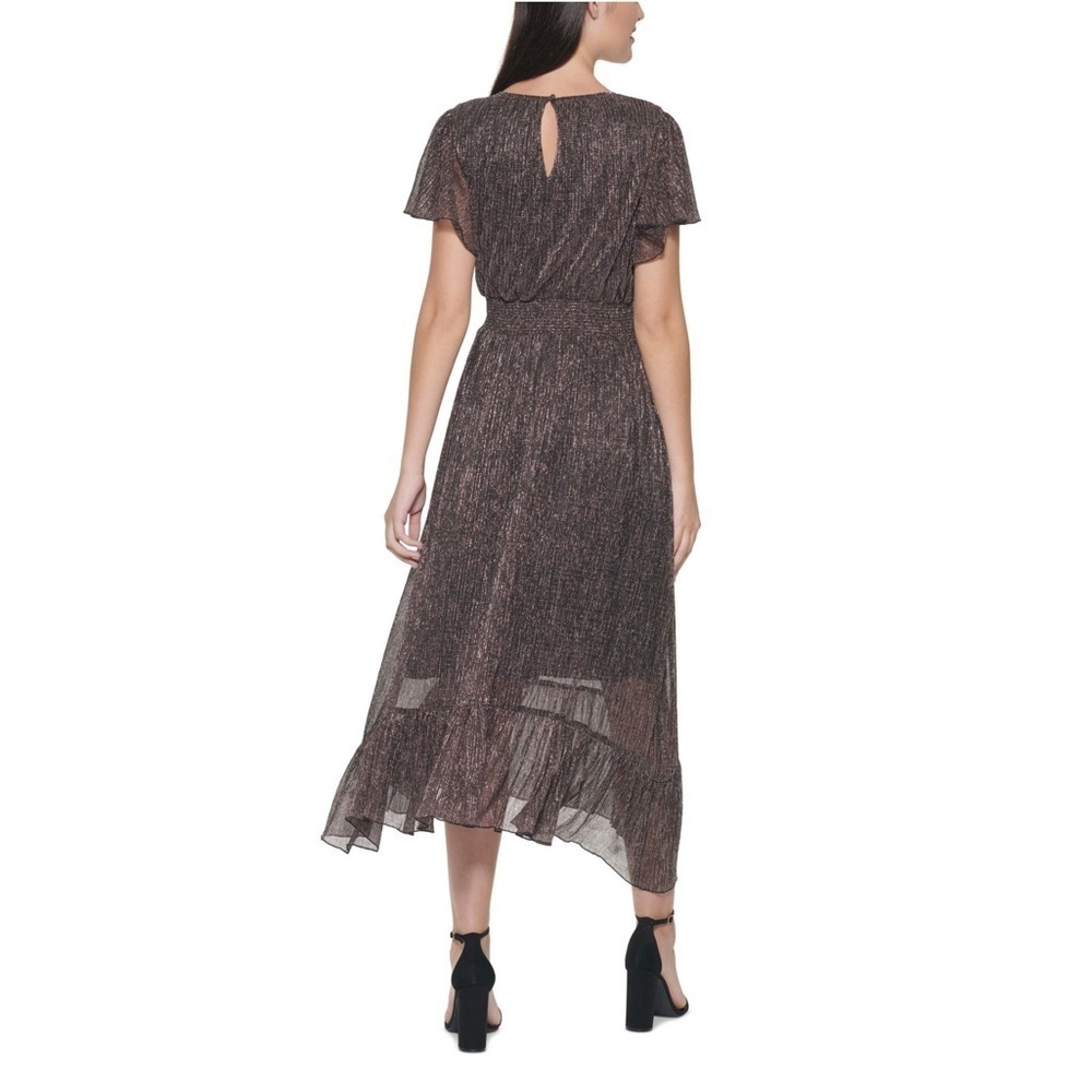 Kensie Black and Bronze Metallic Smocked Midi Dress Small - Picture 2 of 13